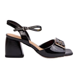 S.Barski Eleganckie Lakierowane Sandały Na Słupku Z Ozdobą Czarne D&amp;A MR38-202 - Sandały damskie - miniaturka - grafika 1