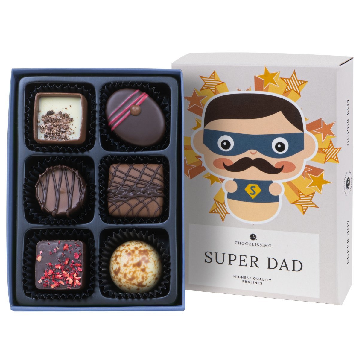 Zestaw 6 pralinek Super Dad z belgijskiej czekolady na prezent na Dzień Ojca w ozdobnym pudełeczku 70 g