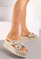 Klapki i japonki damskie - Beżowo-Czarne Klapki na Koturnie i Platformie Ozdobione Plecionką z Juty Vitrima - miniaturka - grafika 1