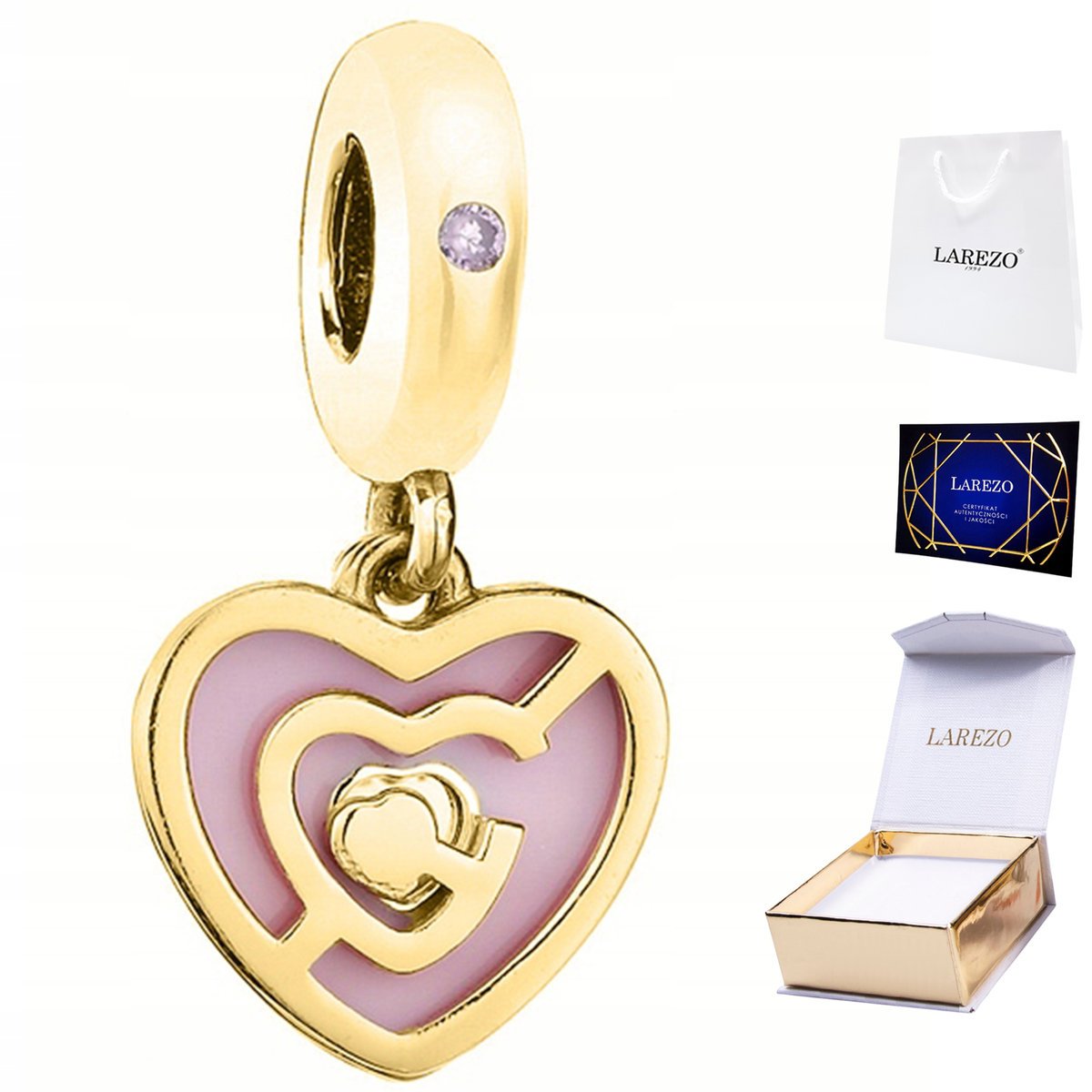 CHARMS ZŁOTY 925 Wiszący z Sercem Serce Labirynt Serduszko Pozłacany 14K