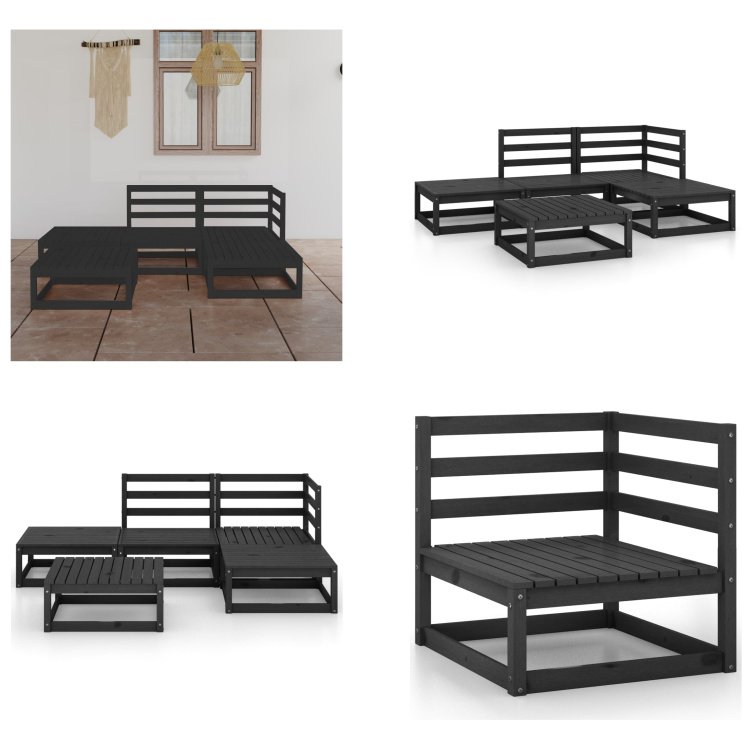 vidaXL 5-częściowy zestaw wypoczynkowy do ogrodu czarny z litego drewna sosnowego - zestaw wypoczynkowy do ogrodu - zestawy wypoczynkowe do ogrodu - zestawy wypoczynkowe - zestawy wypoczynkowe