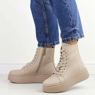 Beżowe skórzane botki damskie na platformie Vinceza 66701 - Botki damskie - miniaturka - grafika 1