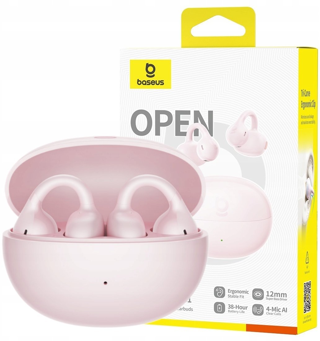 Baseus Słuchawki OWS Bass BC1 z klipsem - różowe