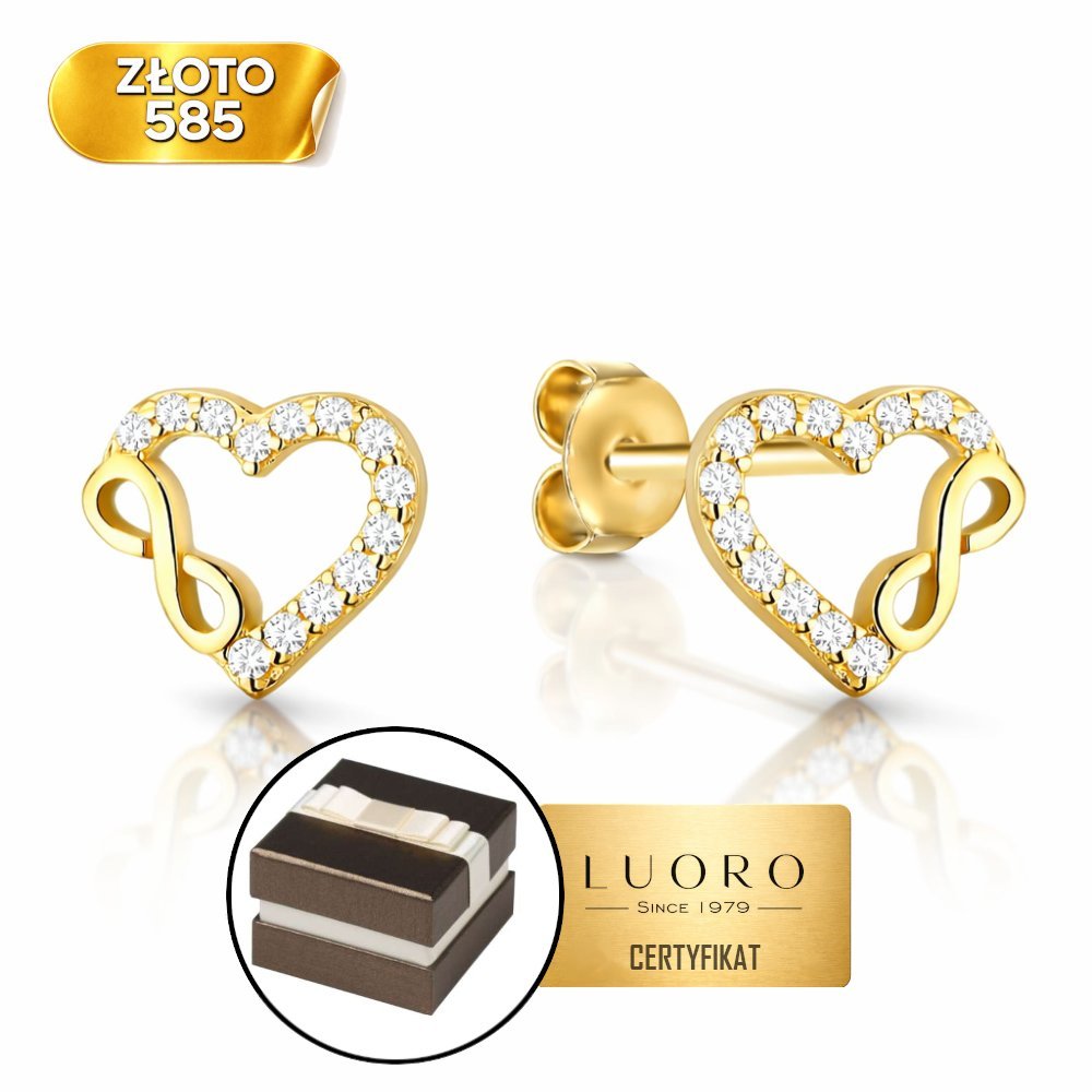 KOLCZYKI ZŁOTE 585 14K SERCA NIESKOŃCZONOŚĆ CYRKONIE SZTYFT 7X7 MM