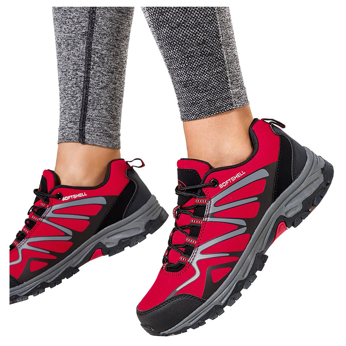 Czerwone buty trekkingowe damskie z czarnymi dodatkami sznurowane softshell Casu B2111-4-39