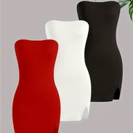 Sukienki - TEMU 3 szt. Damskie Sukienki Bez Ramiﾄ�czek 窶� Jednokolorowe Krﾃｳtkie Rﾄ冖awy A-Line na Przyjﾄ冂ia, ﾅ嗟uby i Wieczory (Czarny, Brﾄ�zowy, Beﾅｼ) Pranie - miniaturka - grafika 1