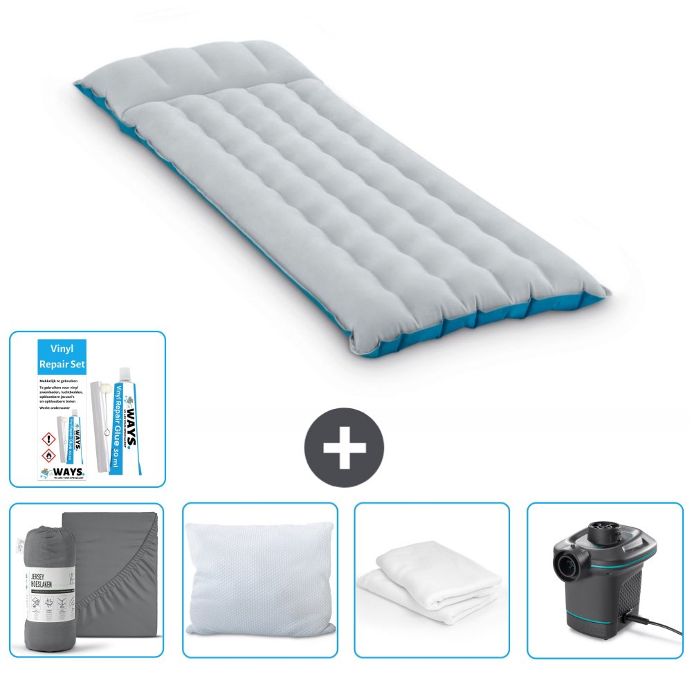 Mata kempingowa Intex - 1 osoba - 67 x 184 x 17 cm - niebieska - zawiera prześcieradło - pocałunek - pompkę - zestaw naprawczy i ochraniacz na poduszkę