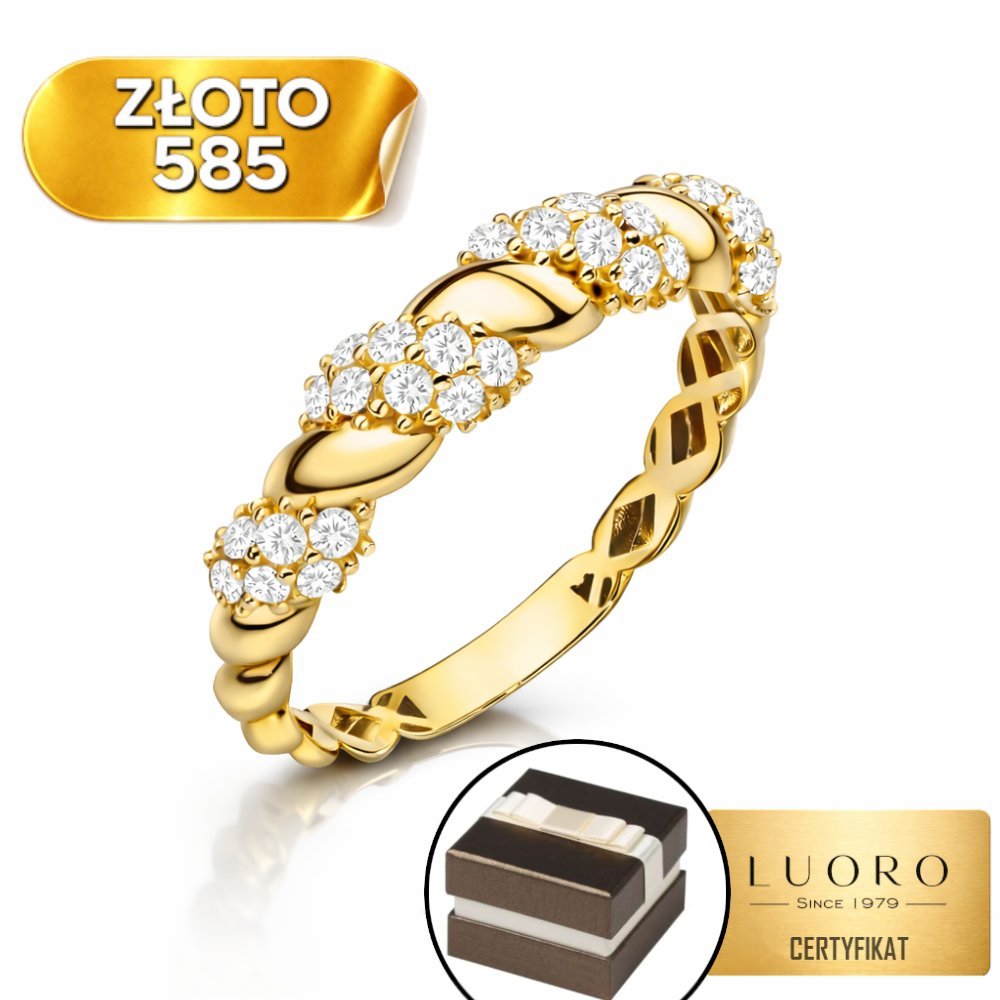 PIERŚCIONEK ZŁOTY 585 14K PLECIONY Z CYRKONIAMI ELEGANCKI AŻUROWY R13