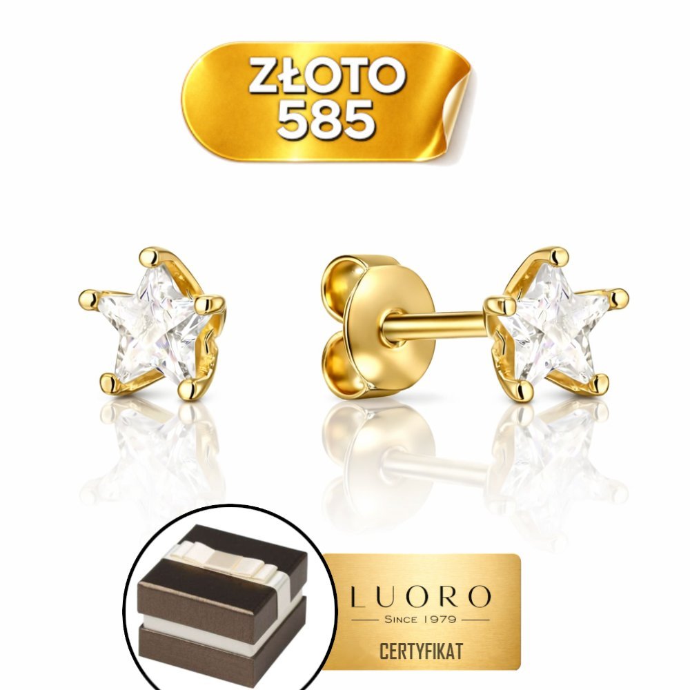KOLCZYKI ZŁOTE 585 14K GWIAZDKI Z KAMIENIEM 0,5 CM SZTYFT ELEGANCKIE
