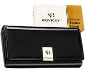 Portfele - Duży portfel damski ROVICKY rfid stop skórzany elegancki lakierowany rozbudowany na zatrzask czarny - miniaturka - grafika 1
