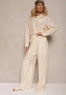 Spodnie damskie - Jasnobeżowe Spodnie Palazzo High Waist z Szeroką Nogawką i Gumką w Talii Jenarielis - miniaturka - grafika 1