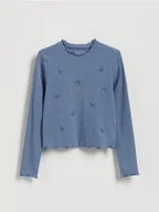 Bluzki dla dziewczynek - Reserved - Prążkowana koszulka z haftem - granatowy - miniaturka - grafika 1