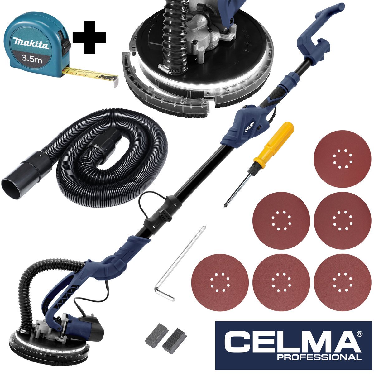 Zestaw Szlifierka do gipsu CELMA Professional PRBt 225LEO LED + miara MAKITA 3,5m