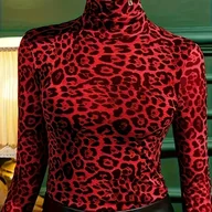 Bluzki damskie - TEMU Elegancka bluzka damskiej z wysokim dekoltem i długim rękawem - Seksowny top z siatką w panterkę, dopasowany, półprzezroczysty, czerwono-czarny - miniaturka - grafika 1