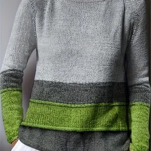 TEMU Sweter damski casualowy w kolorowe bloki - off-shoulder z długim rękawem, szaro-zielony, prążkowany, nadrukowy, do prania w pralce, modna bluzka - Swetry damskie - miniaturka - grafika 1