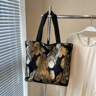 Torebki damskie - TEMU Vintage Torba na Zakupy dla Kobiet - Duża Pojemność, Zmieniana na Ramię z Wzorem Złotych Liści, Zamknięcie na Zamek i Boczne Kieszenie, - miniaturka - grafika 1