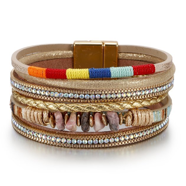 Damska skórzana wielobarwna pleciona bransoletka z beżowym kamieniem