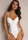 Body - Białe Body Zdobione Wycięciami i Koronką Calarine - miniaturka - grafika 1