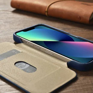 iCarer CE Oil Wax Premium Leather Folio Case skórzane etui iPhone 14 Pro Max z klapką magnetyczne MagSafe niebieski (AKI14220708-BU) - Etui i futerały do telefonów - miniaturka - grafika 24