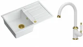 Zlewozmywaki z baterią - Quadron Zlewozmywak granitowy jednokomorowy 78*50*22 cm z ociekaczem MORGAN 111 SNOW WHITE ze złotym odpływem z baterią RACHEL Q LINE SNOW WHITE kolor biały mat/wykończenie złote - miniaturka - grafika 1