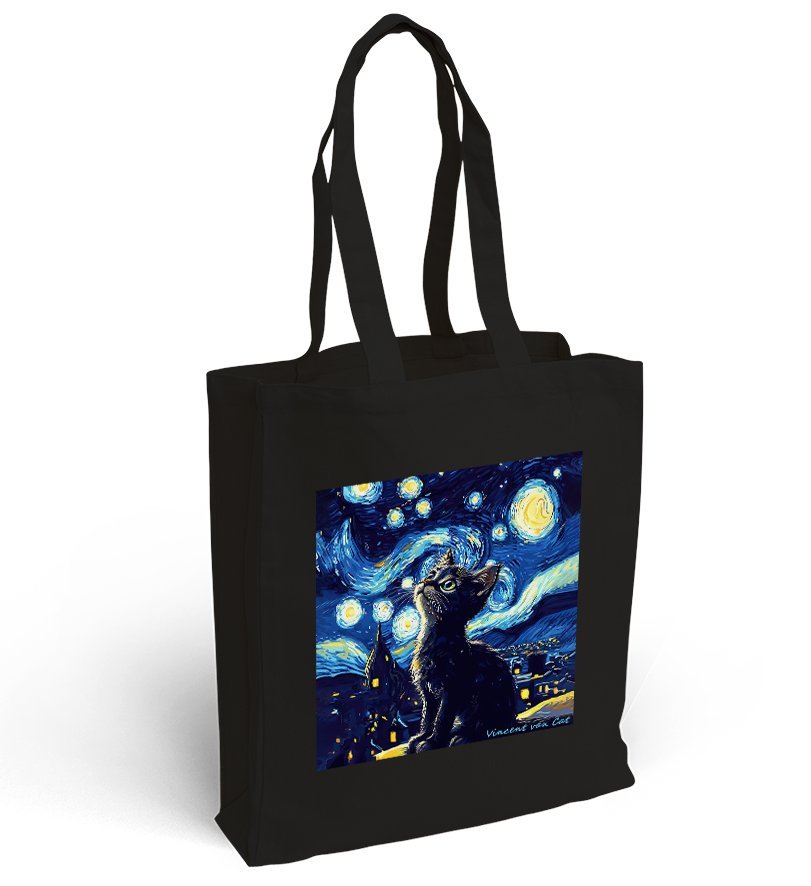 Torba bawełniana z nadrukiem czarny kotek w gwieździstą noc Vincent van Cat