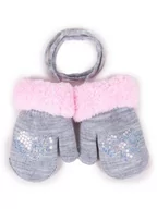 Rękawiczki dla dzieci - Rękawiczki Dziewczęce Podwójne Szare Z Cekinami I Futrzanym Mankietem 14 Cm Yoclub - miniaturka - grafika 1