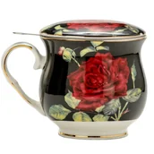 Kubki - Marco Polo SJ Kubek Porcelanowy Z Zaparzaczem I Pokrywką Czerwona Róża Baryłka Czarny 480 Ml - miniaturka - grafika 1