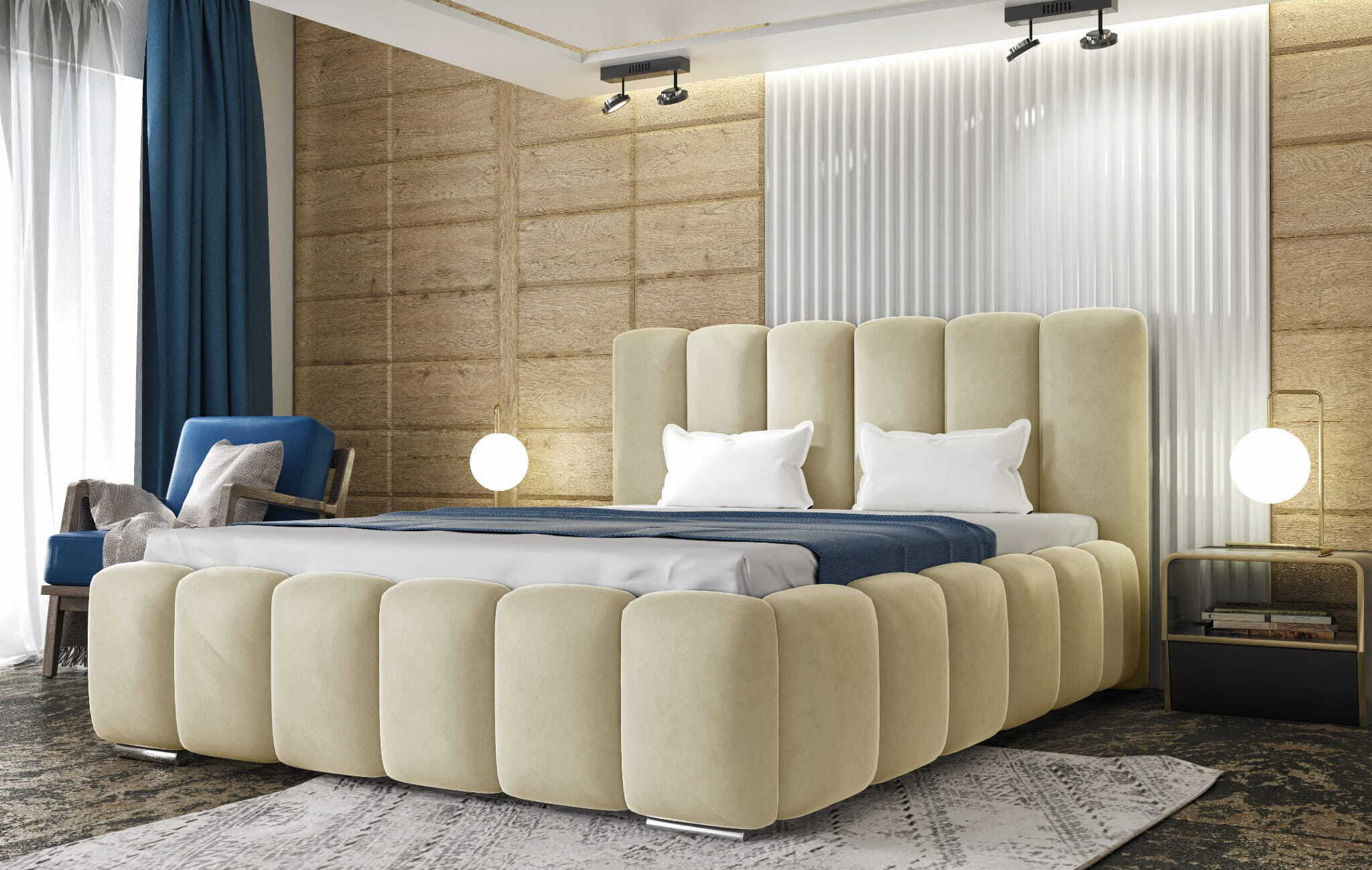 Łóżko tapicerowane AGMAT BALI z wezgłowiem, 200 x 200 cm, łóżko podwójne z podstawą łóżka i stelażem z metalowych listew, tkanina welurowa: beżowy