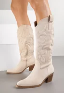 Kozaki damskie - Beżowe Kozaki Typu Kowbojki w Klasycznym Stylu z Imitacji Zamszu Rilamira - miniaturka - grafika 1