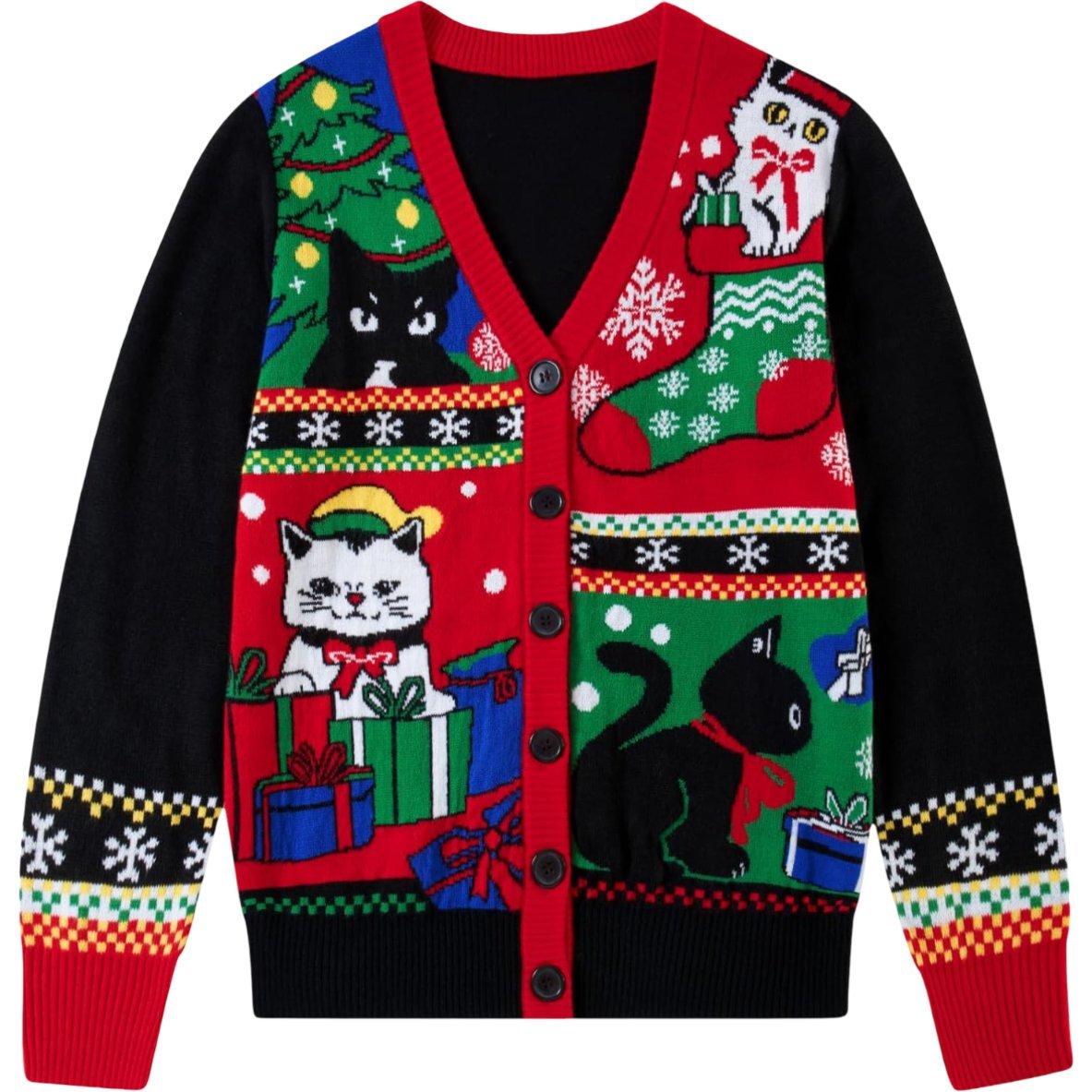 Damski Kardigan Sweter Świąteczny Rozpinany Zimowy Wzorzysty Koty Czarny XL