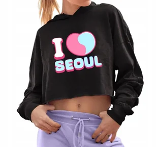 Bluza Damska Czarna Krótka Z Kapturem I <3 SEOUL Crop Hit KPOP - Rozmiar S - Bluzy damskie - miniaturka - grafika 1