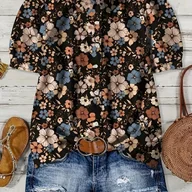 Koszule damskie - TEMU Elegancka Bluzka Damska z Krótkim Rękawem - Ciemnobrązowa i Wielokolorowa z Dużym Kwiatowym Nadrukiem na Kołnierzyku, Koszula z Guzikami z - miniaturka - grafika 1