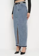 Spódnice - Granatowa Spódnica Jeansowa o Ołówkowym Kroju z Rozcięciem z Przodu Ramalla - miniaturka - grafika 1