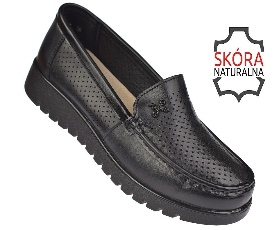 Mokasyny damskie skórzane ażurowe czarne P-3-0697 rozmiar: 36