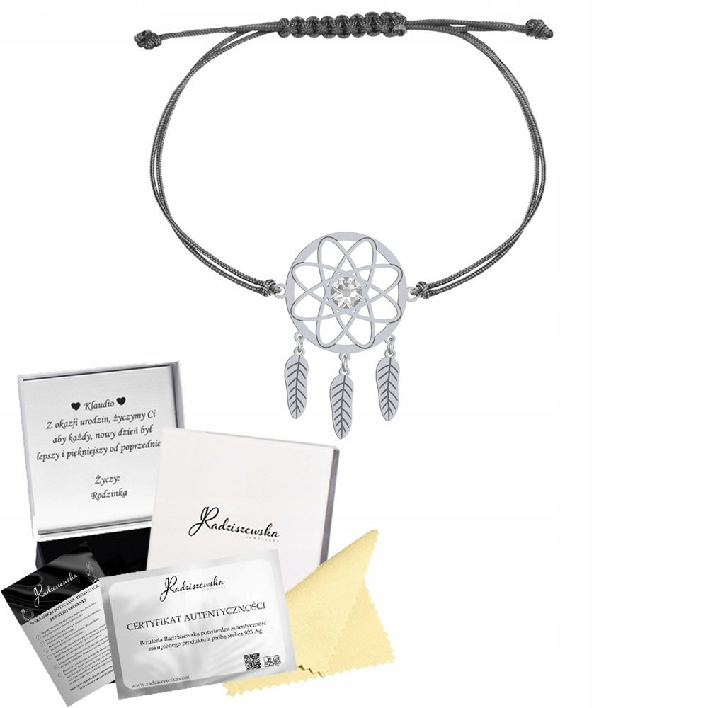 Bransoletka Srebrna Łapacz Snów Sznurek 925 Prezent DEDYKACJA GRATIS