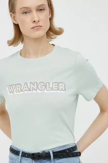 Koszulki sportowe damskie - Wrangler t-shirt bawełniany kolor zielony - grafika 1