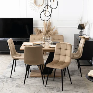 Zestaw Stół Prostokątny Rozkładany CLARK 120-160 cm Dąb Artisan/Czarny i 6 Krzeseł Tapicerowanych PERU Beżowych Welur - Stoły z krzesłami - miniaturka - grafika 1