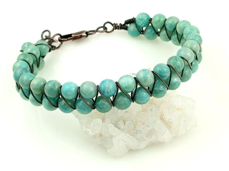 Bransoletka miedziana z amazonitem, obwód od 18.5 do 20.5 cm, waga 24 gramy, znak Panny, Raka, Wagi, rękodzieło