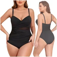 Stroje kąpielowe - WYSZCZUPLAJĄCY CZARNY DAMSKI STRÓJ KĄPIELOWY JEDNOCZĘŚCIOWY Z SIATECZKĄ L - miniaturka - grafika 1