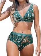 Stroje kąpielowe - Cupshe Damski Zestaw Bikini Z Wysokim Stanem, Głębokim Dekoltem W Serek - miniaturka - grafika 1