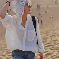 Koszule damskie - TEMU Francuska Koszula z Kapturem w Stylu Ażurowym, Długi Rękaw, Letnia Luźna Elegancka Modna Bluzka dla Kobiet - miniaturka - grafika 1