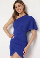 Sukienki - Granatowa Asymetryczna Sukienka z Ozdobnym Drapowaniem Aerlia - miniaturka - grafika 1