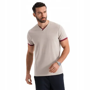 Męski t-shirt z kontrastowymi wstawkami serek beżowy OM-TSCT-0198 V2 r. S - Koszulki męskie - miniaturka - grafika 1
