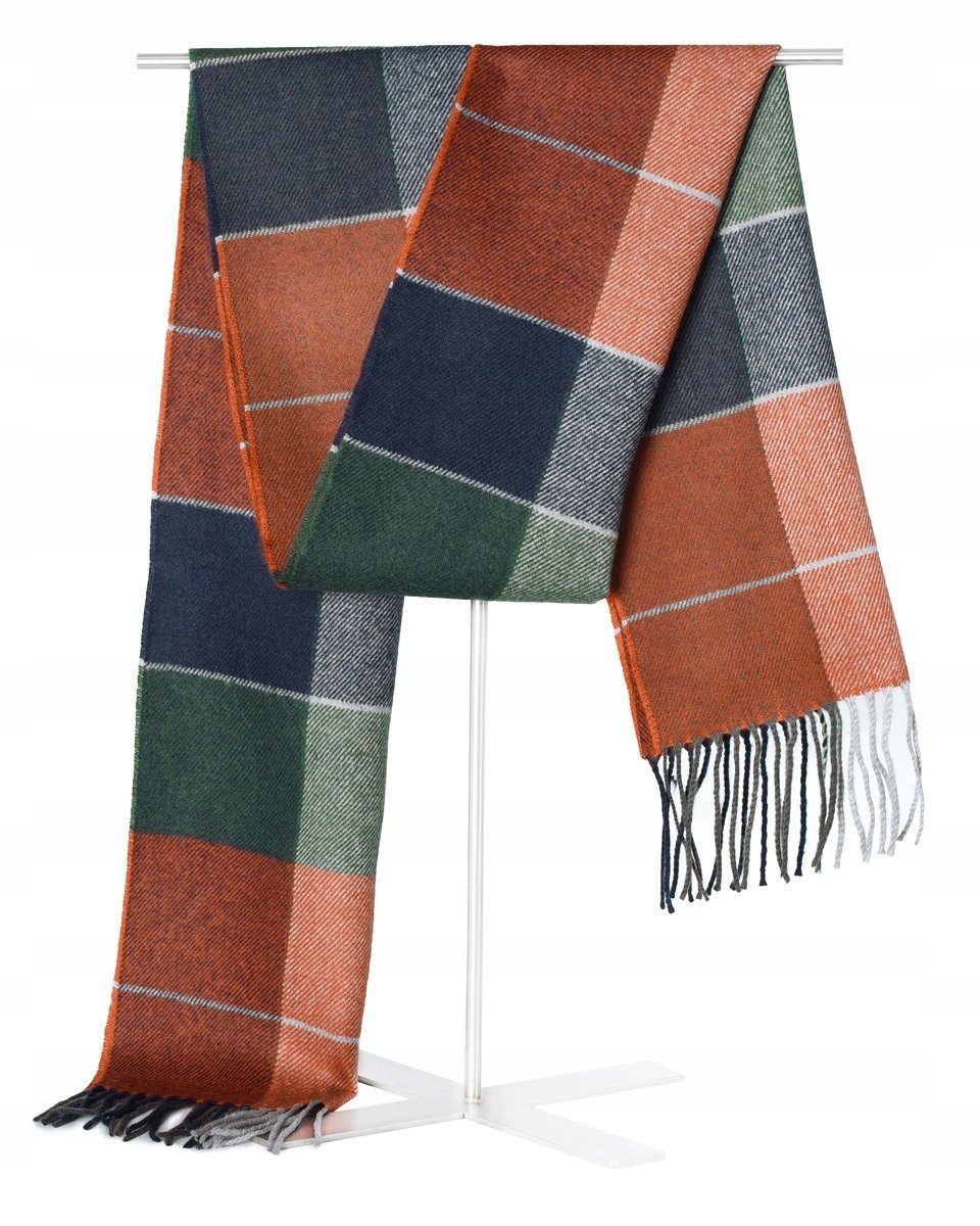 Szal szalik męski zimowy ciepły zielono - pomarańczowo - granatowy w kratę