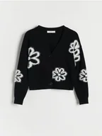 Swetry dla dziewczynek - Reserved - Kardigan w kwiaty - czarny - miniaturka - grafika 1