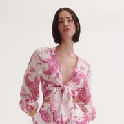 Bluzki damskie - Reserved - Bawełniana bluzka z wiązaniem - Różowy - miniaturka - grafika 1