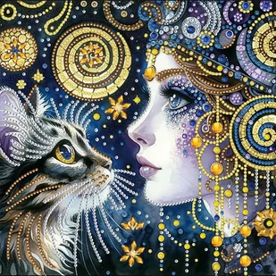 Haft Diamentowy Kobieta i Kot - Magia Nocy 30x30 cm - Zabawki kreatywne - miniaturka - grafika 1