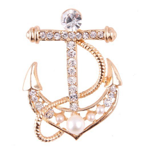 Broszka ozdobna kotwica z kryształkami i perłami