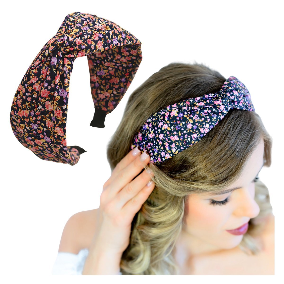 Opaska na Głowę Czarna do Włosów Szeroka w Kwiaty z Supłem Lekka i Wygodna