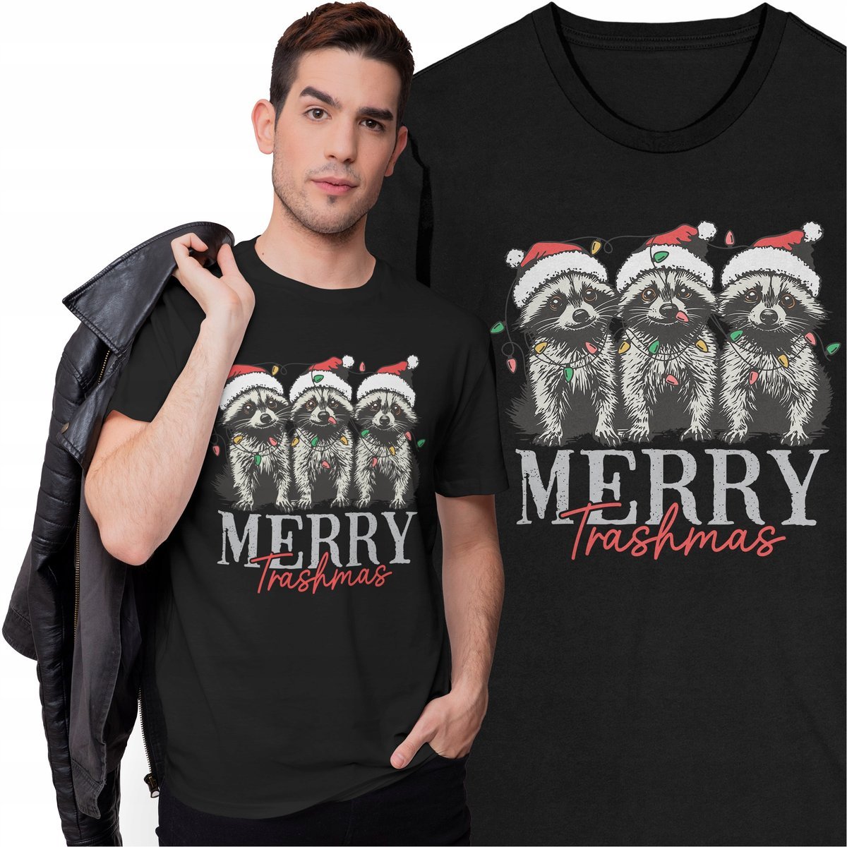 Koszulka Świąteczna T-shirt na Święta Wesołych Świąt Szop Pracz Zwierzęta